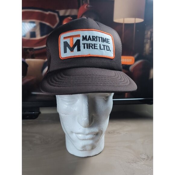 Vintage Maritime Tire Ltd Mesh Trucker Style Snapback Hat Retro 80's Brown Auto - Picture 1 of 9